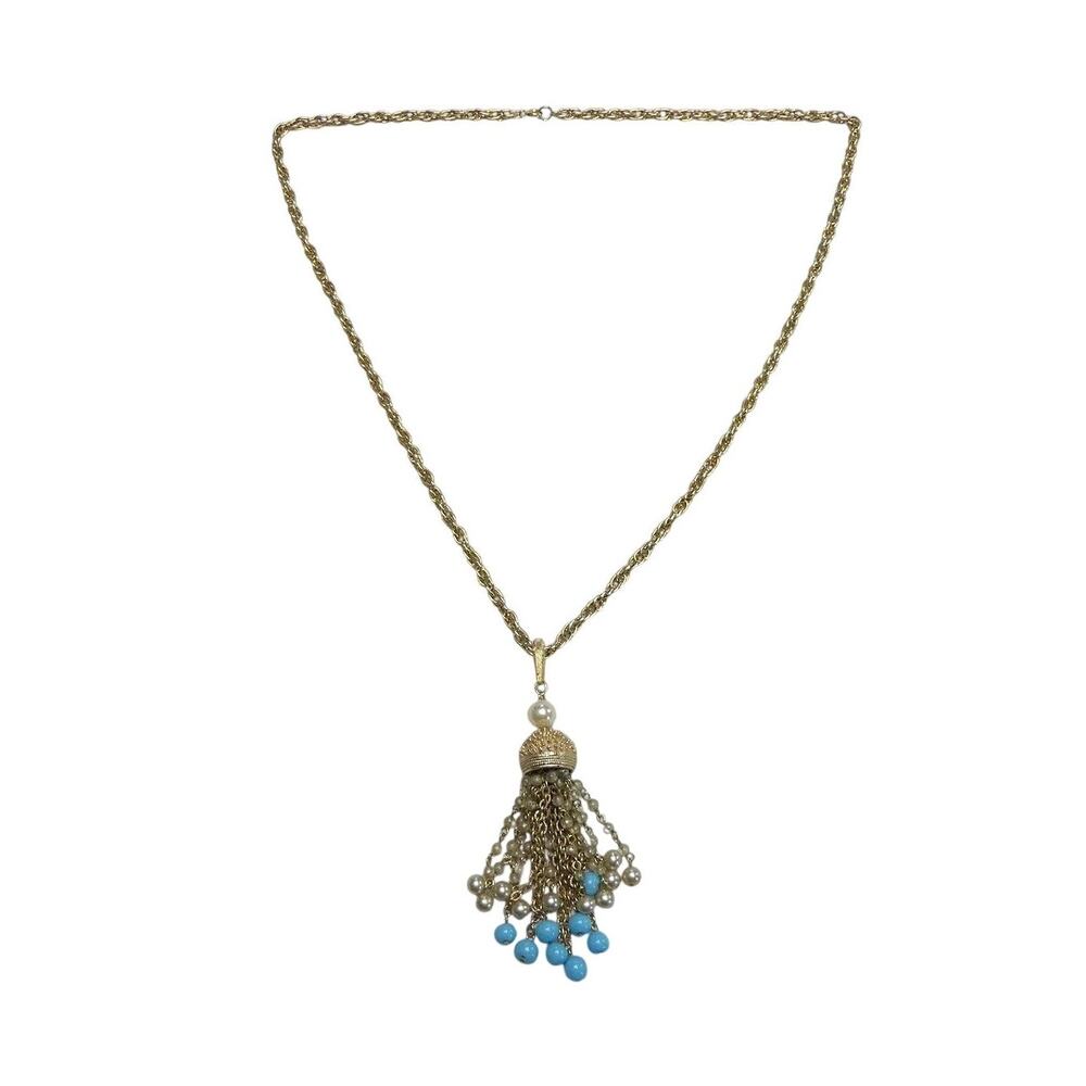 Vintage 1960s Pearl and Turquoise Bead Tassel Necklace
